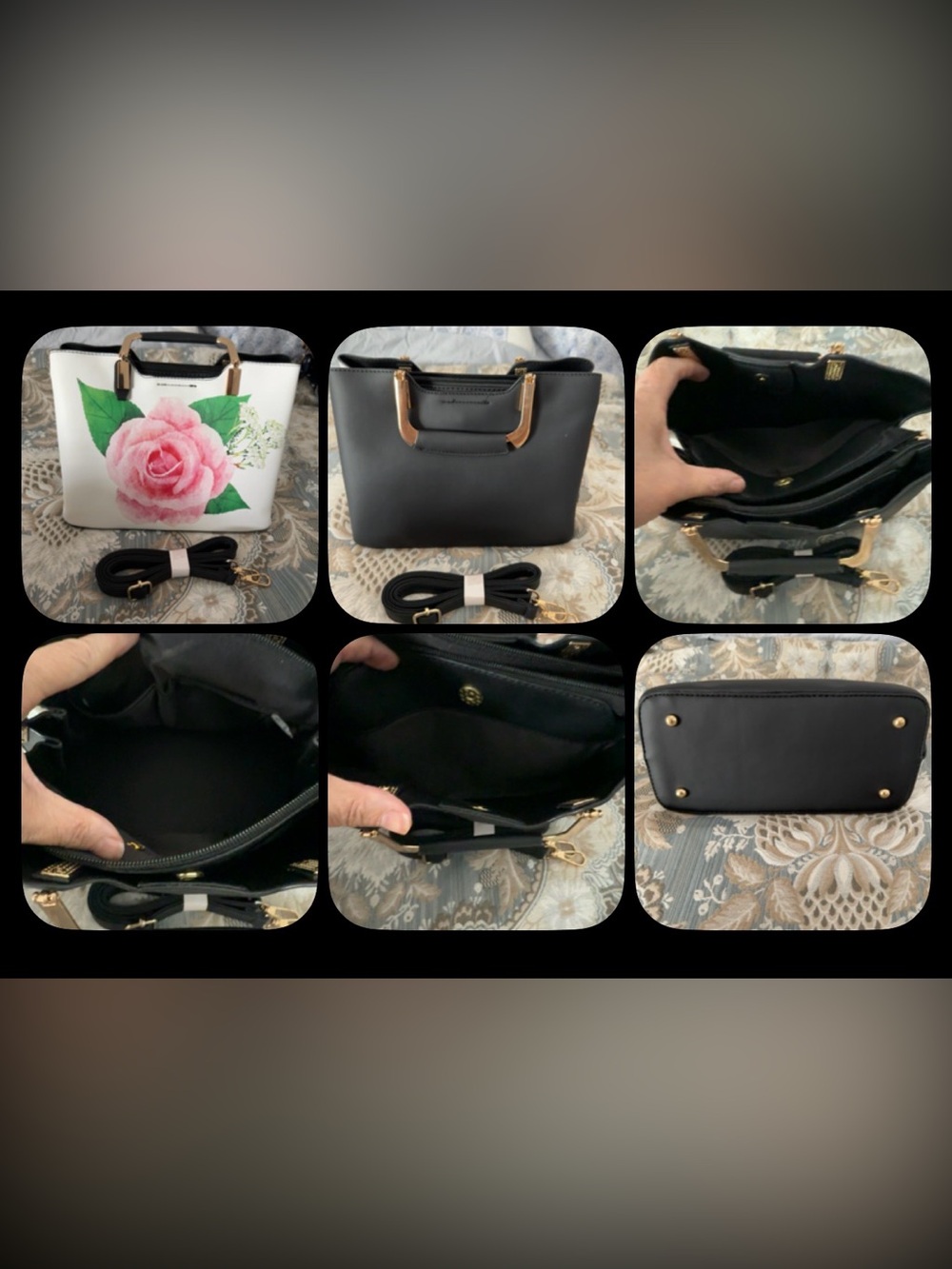 Nevenka Floral Rose Satchel Handbag Convertible Crossbody Black White